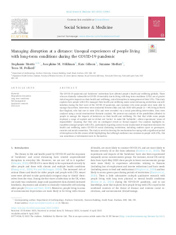 Managing disruption at a distance: Unequal experiences of people living with long-term conditions during the COVID-19 pandemic Thumbnail