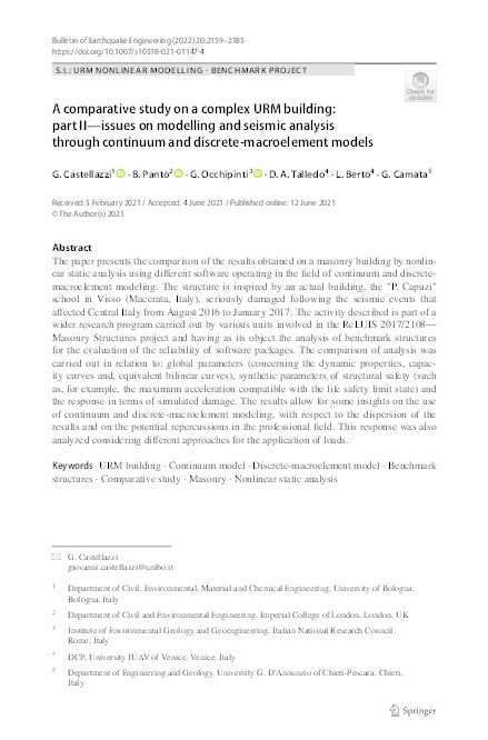 A comparative study on a complex URM building: part II-issues on modelling and seismic analysis through continuum and discrete-macroelement models Thumbnail