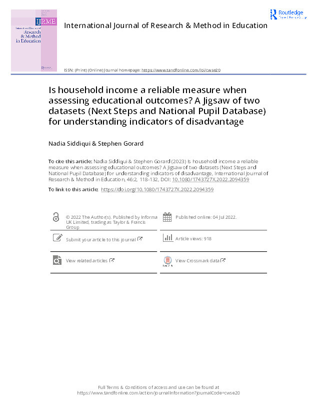 Is household income a reliable measure when assessing educational outcomes? A Jigsaw of two datasets (Next Steps and National Pupil Database) for understanding indicators of disadvantage Thumbnail