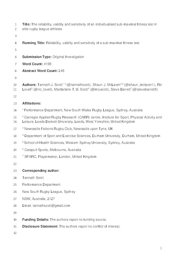 The reliability, validity and sensitivity of an individualised sub-maximal fitness test in elite rugby league athletes Thumbnail