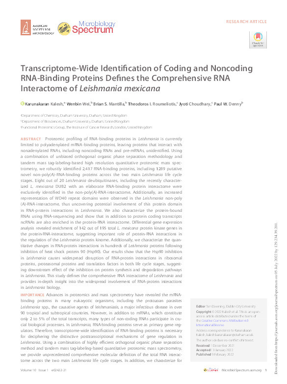 Transcriptome-Wide Identification of Coding and Noncoding RNA-Binding Proteins Defines the Comprehensive RNA Interactome of Leishmania mexicana Thumbnail