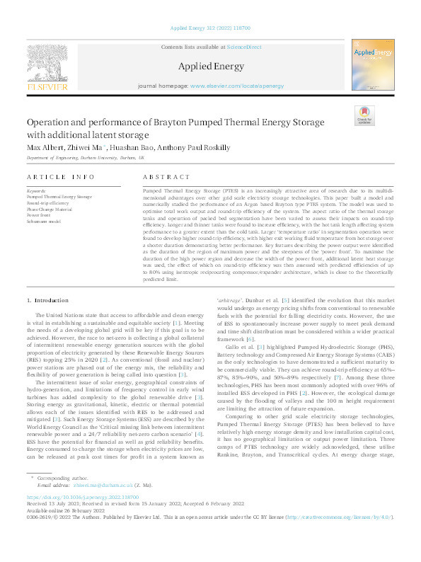 Operation and performance of Brayton Pumped Thermal Energy Storage with additional latent storage Thumbnail