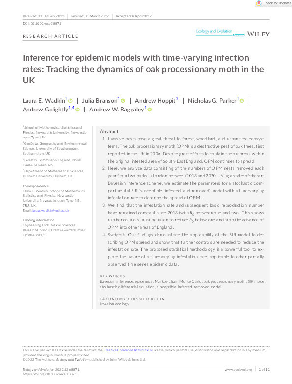Inference for epidemic models with time varying infection rates: tracking the dynamics of oak processionary moth in the UK Thumbnail