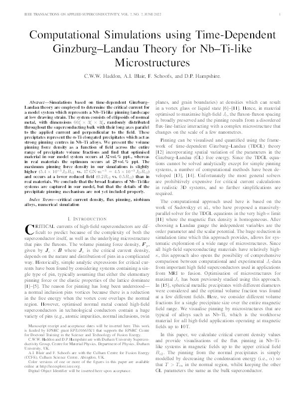 Computational Simulations Using Time-Dependent Ginzburg–Landau Theory for Nb–Ti-Like Microstructures Thumbnail