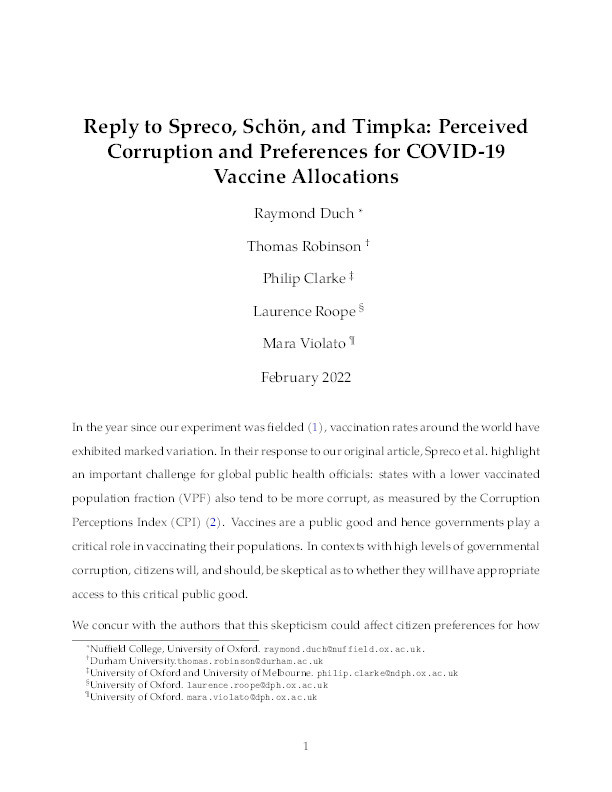 Reply to Spreco, Schön, and Timpka: Perceived Corruption and Preferences for COVID-19 Vaccine Allocations Thumbnail