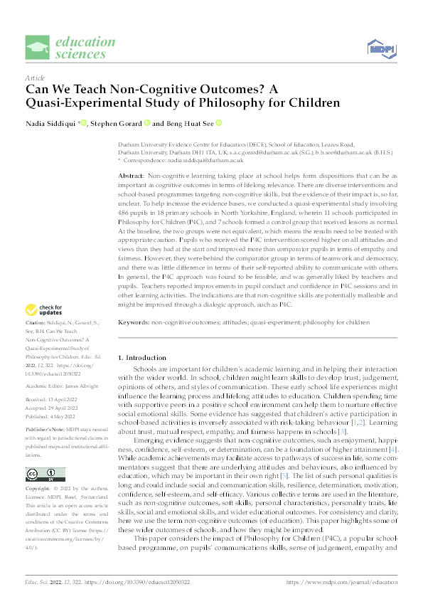 Can We Teach Non-Cognitive Outcomes? A Quasi-experimental Study of Philosophy for Children Thumbnail