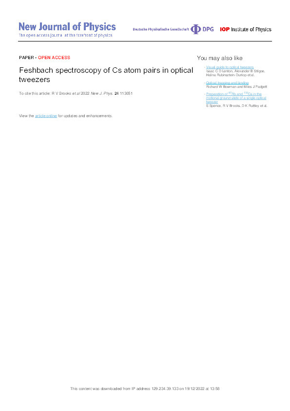 Feshbach Spectroscopy of Cs Atom Pairs in Optical Tweezers Thumbnail