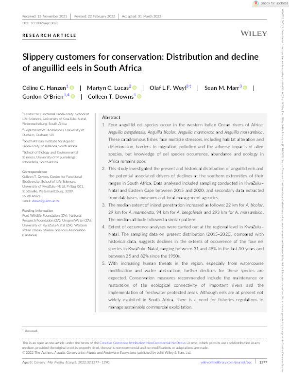 Slippery customers for conservation: distribution and decline of anguillid eels in South Africa Thumbnail