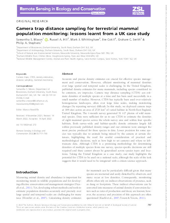 Camera trap distance sampling for terrestrial mammal population monitoring: lessons learnt from a UK case study Thumbnail