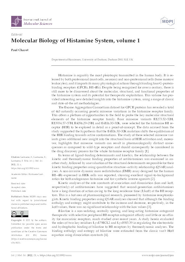 Molecular Biology of Histamine System, volume 1 Thumbnail