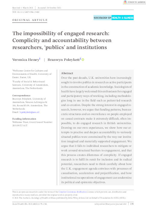 The impossibility of engaged research:
Complicity and accountability between
researchers, ‘publics’ and institutions Thumbnail