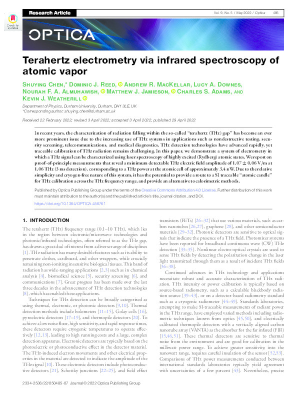 Terahertz electrometry via infrared spectroscopy of atomic vapor Thumbnail