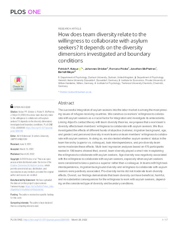 How does team diversity relate to the willingness to collaborate with asylum seekers? It depends on the diversity dimensions investigated and boundary conditions Thumbnail