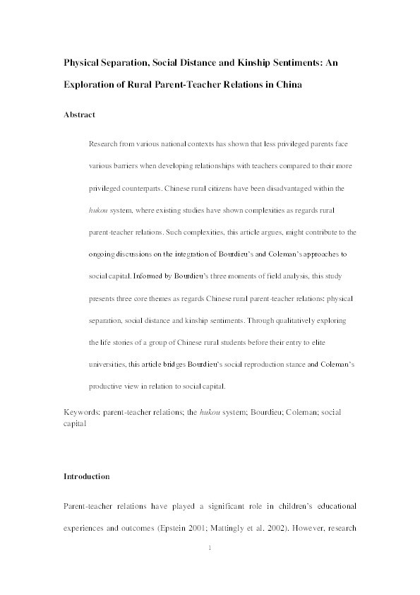 Physical Separation, Social Distance, and Kinship Sentiments: An Exploration of Rural Parent–Teacher Relations in China Thumbnail