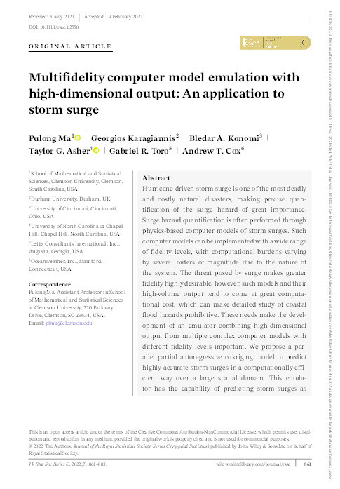 Multifidelity computer model emulation with high‐dimensional output: An application to storm surge Thumbnail