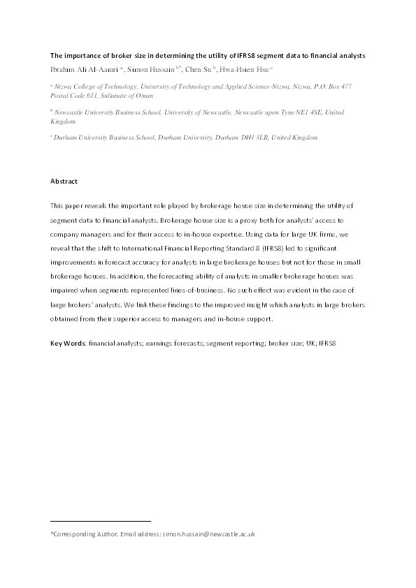 The importance of brokerage house size in determining the utility of IFRS8 segment data to financial analysts Thumbnail