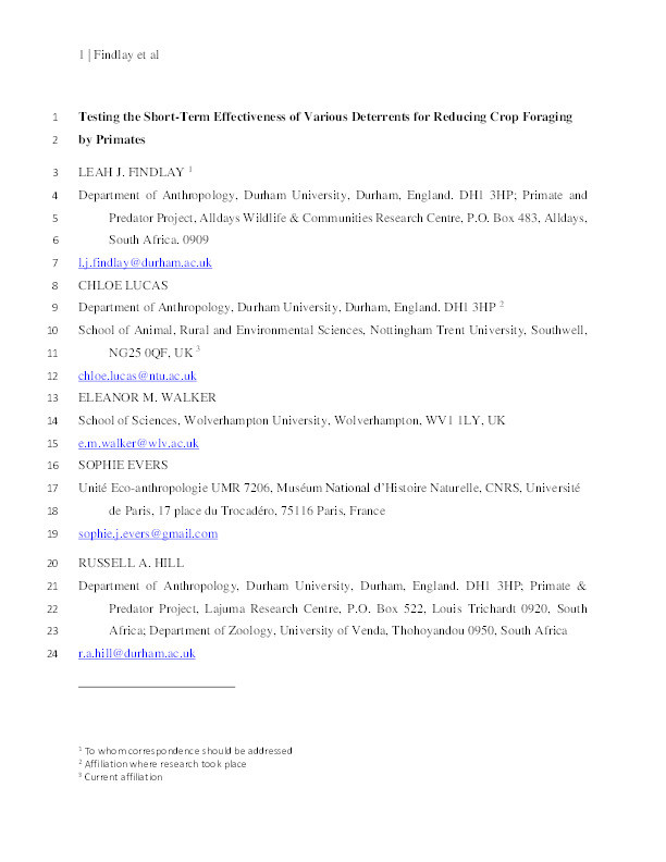 Testing the Short-Term Effectiveness of Various Deterrents for Reducing Crop Foraging by Primates Thumbnail