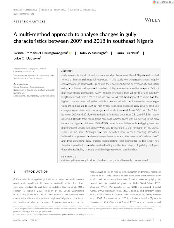 A multi‐method approach to analyse changes in gully characteristics between 2009 and 2018 in southeast Nigeria Thumbnail