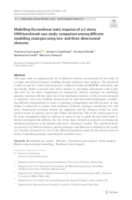 Modelling the nonlinear static response of a 2-storey URM benchmark case study: comparison among different modelling strategies using two- and three-dimensional elements Thumbnail