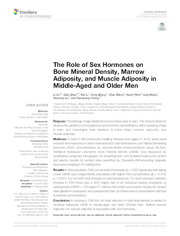 The role of sex hormones on bone mineral density, marrow adiposity, and muscle adiposity in middle-aged and older men Thumbnail