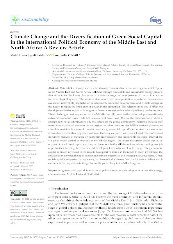 Climate Change and the Diversification of Green Social Capital in the International Political Economy of the Middle East and North Africa: A Review Article Thumbnail