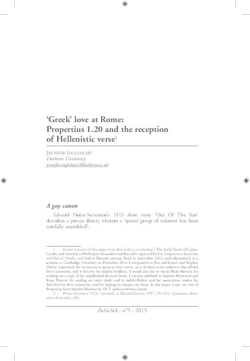 ‘Greek’ love at Rome: Propertius 1.20 and the reception of Hellenistic verse Thumbnail