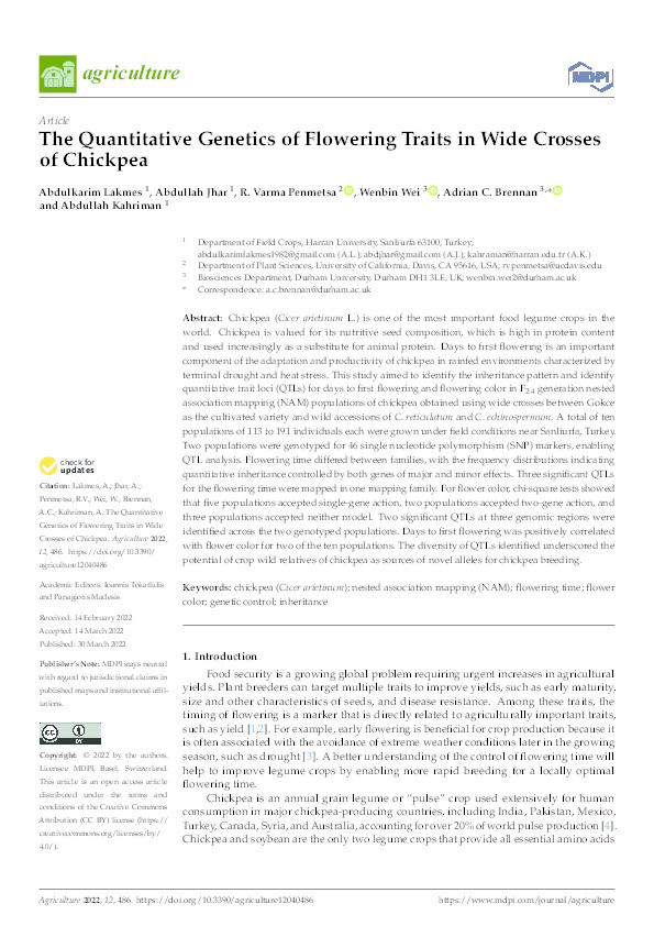 The Quantitative Genetics of Flowering Traits in Wide Crosses of Chickpea Thumbnail