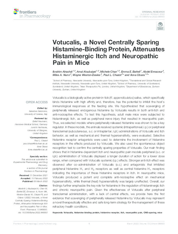 Votucalis, a Novel Centrally Sparing Histamine-Binding Protein, Attenuates Histaminergic Itch and Neuropathic Pain in Mice Thumbnail