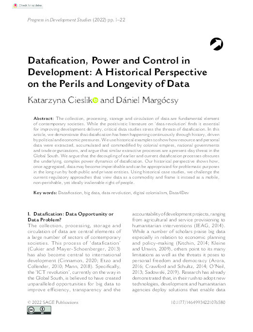 Datafication, Power and Control in Development: A Historical Perspective on the Perils and Longevity of Data Thumbnail