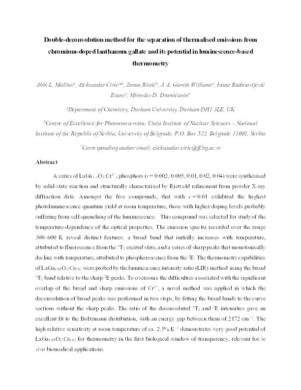 Double-deconvolution method for the separation of thermalised emissions from chromium-doped lanthanum gallate and its potential in luminescence-based thermometry Thumbnail