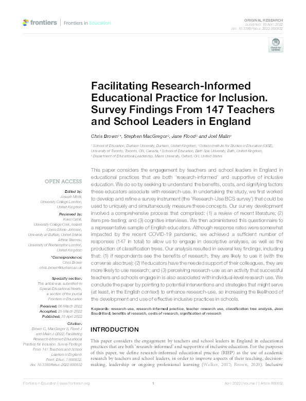 Facilitating research-informed educational practice for inclusion. Survey findings from 147 teachers and school leaders in England Thumbnail