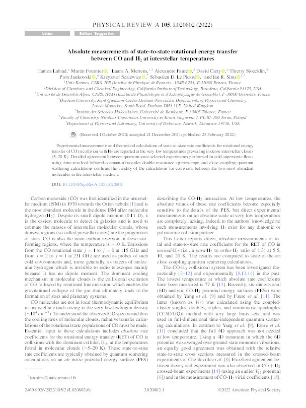 Absolute measurements of state-to-state rotational energy transfer between CO and H2 at interstellar temperatures Thumbnail