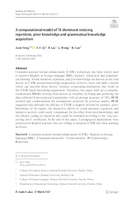 A computational model of TE-dominant noticing, repetition, prior knowledge and grammatical knowledge acquisition Thumbnail