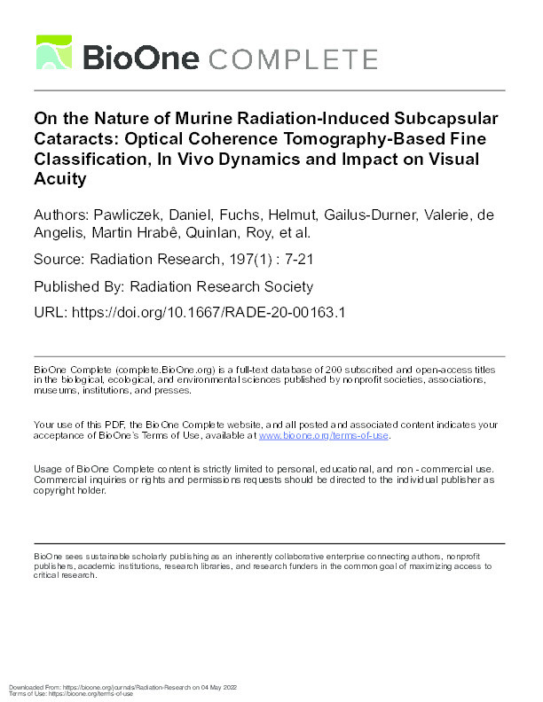 On the Nature of Murine Radiation-Induced Subcapsular Cataracts: Optical Coherence Tomography-Based Fine Classification, In Vivo Dynamics and Impact on Visual Acuity Thumbnail