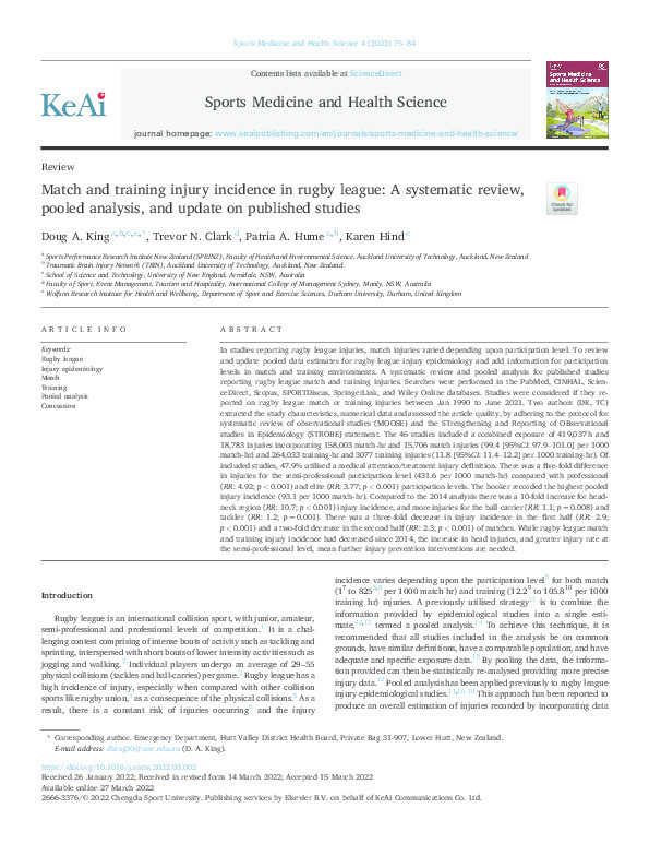 Match and training injury incidence in rugby league: A systematic review, pooled analysis, and update on published studies   Thumbnail