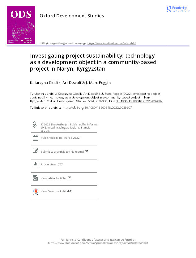 Investigating project sustainability: Technology as a development object in a community-based project in Naryn, Kyrgyzstan Thumbnail
