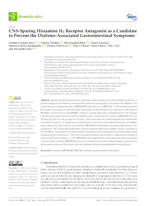 CNS-Sparing Histamine H3 Receptor Antagonist as a Candidate to Prevent the Diabetes-Associated Gastrointestinal Symptoms Thumbnail