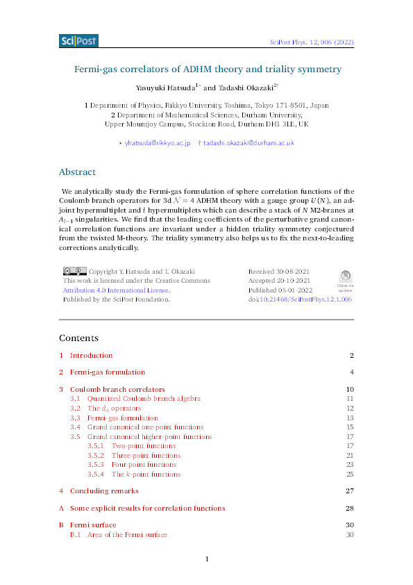 Fermi-gas correlators of ADHM theory and triality symmetry Thumbnail