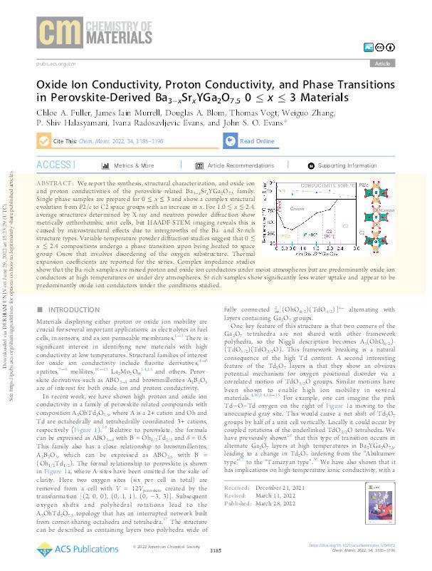 Oxide ion conductivity, proton conductivity and phase transitions in perovskite-derived Ba3–xSrxYGa2O7.5 0  x  3 materials Thumbnail