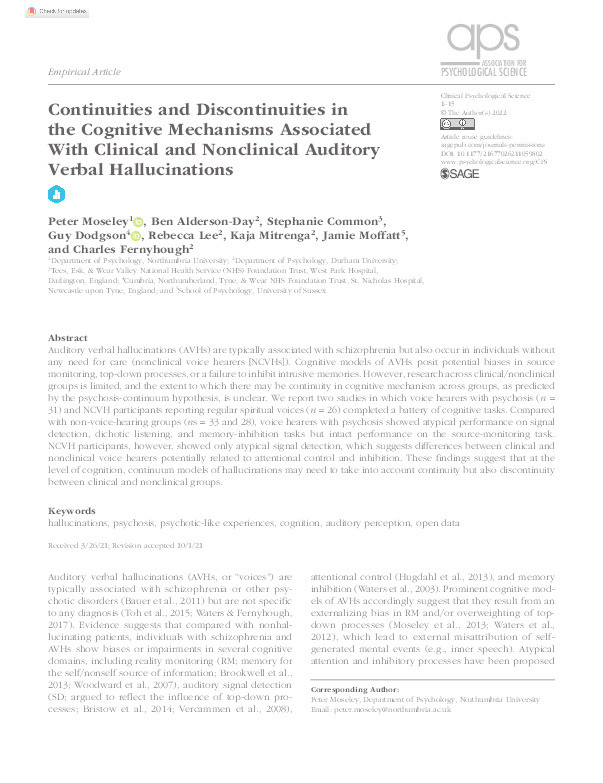 Continuities and Discontinuities in the Cognitive Mechanisms Associated With Clinical and Nonclinical Auditory Verbal Hallucinations Thumbnail