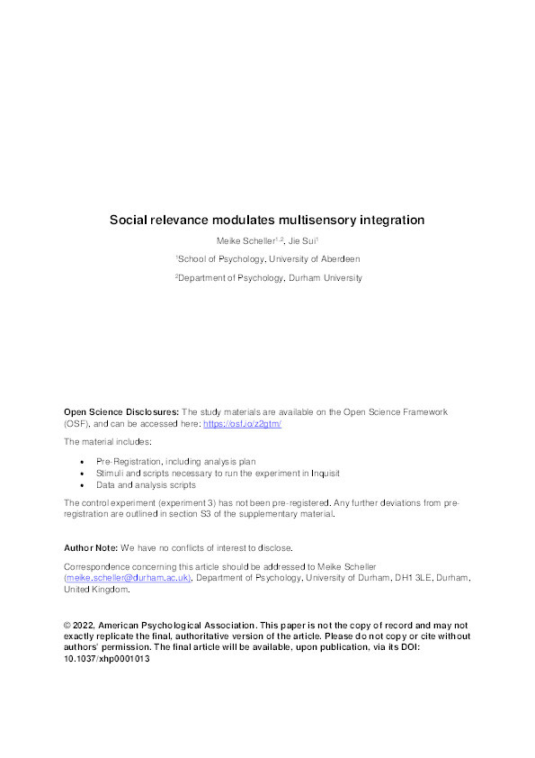 Social relevance modulates multisensory integration Thumbnail