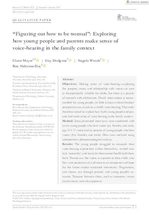 “Figuring out how to be normal”: Exploring how young people and parents make sense of voice‐hearing in the family context Thumbnail