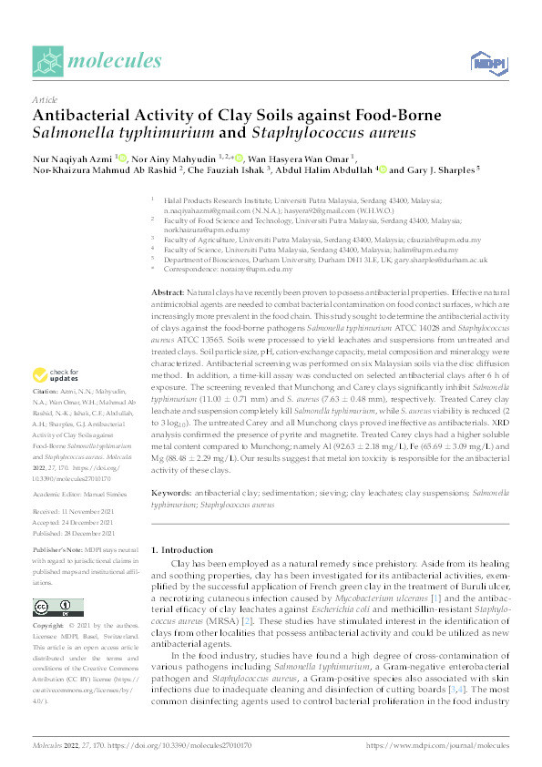 Antibacterial Activity of Clay Soils against Food-Borne Salmonella typhimurium and Staphylococcus aureus Thumbnail