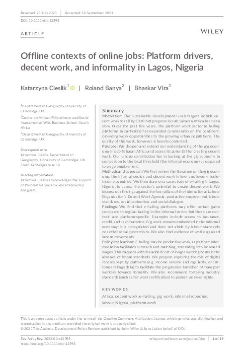 Offline contexts of online jobs: Platform drivers, decent work, and informality in Lagos, Nigeria Thumbnail