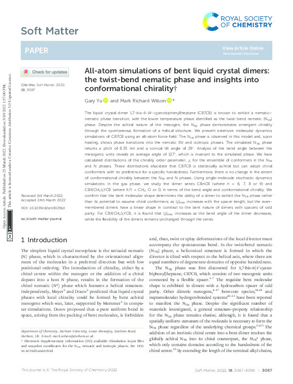 All-atom simulations of bent liquid crystal dimers: the twist-bend nematic phase and insights into conformational chirality Thumbnail