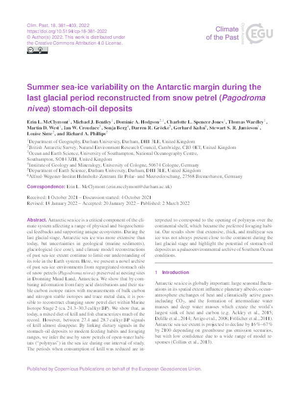 Summer sea-ice variability on the Antarctic margin during the last glacial period reconstructed from snow petrel (Pagodroma nivea) stomach-oil deposits Thumbnail