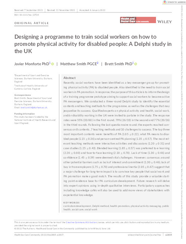 Designing a programme to train social workers on how to promote physical activity for disabled people: A Delphi study in the UK Thumbnail