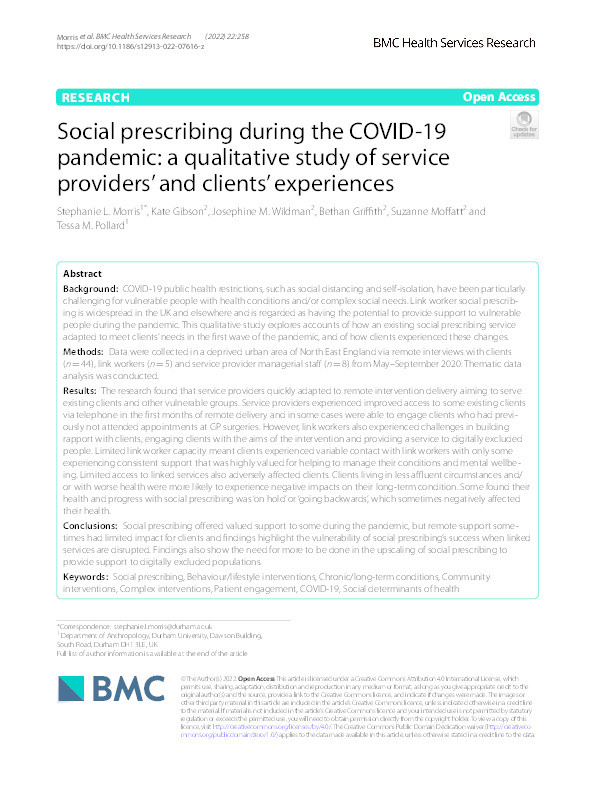 Social prescribing during the COVID-19 pandemic: a qualitative study of service providers’ and clients’ experiences Thumbnail