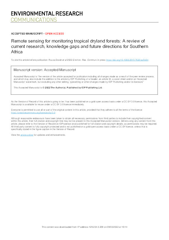 Remote sensing for monitoring tropical dryland forests: A review of current research, knowledge gaps and future directions for Southern Africa Thumbnail