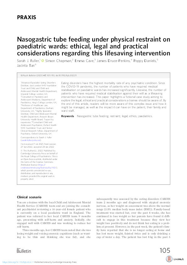 Nasogastric tube feeding under physical restraint on paediatric wards: ethical, legal and practical considerations regarding this lifesaving intervention Thumbnail